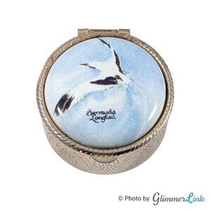 Vintage Bermuda Longtail Bird Transferware Porcelain Gold Tone Pill Trinket Box
